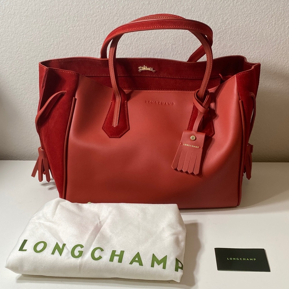 Longchamp Penelope Red Soft Leather & Suede Large Tote Bag